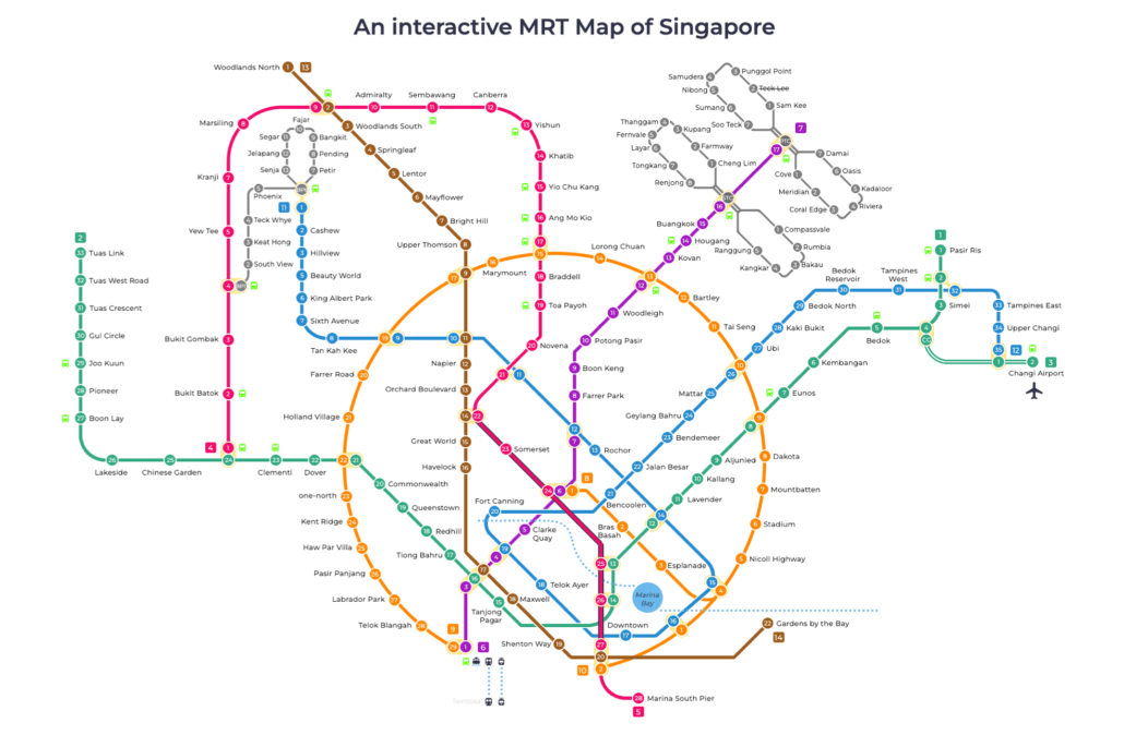 Detailed view of the Singapore MRT map with highlighted stations.